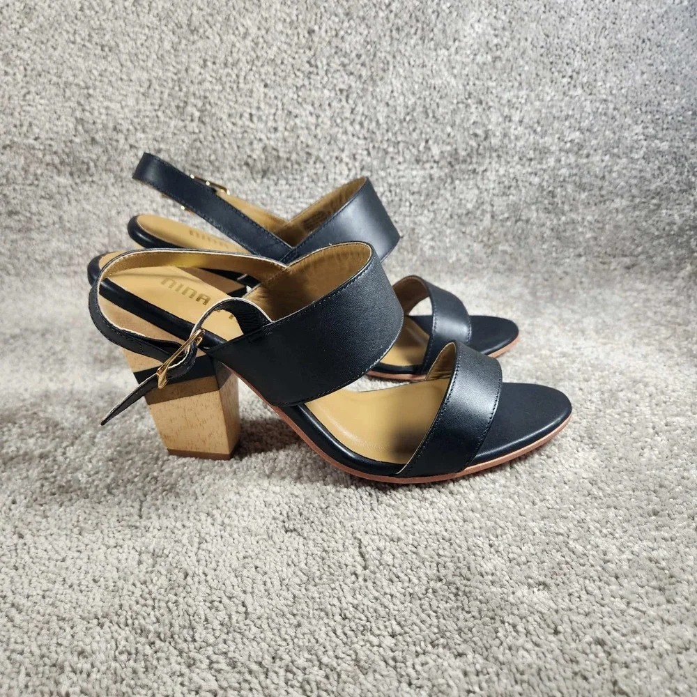 Nina Payne Elena Sandals Black Leather Striped Wood Block Heel Womens 40 (9.5)